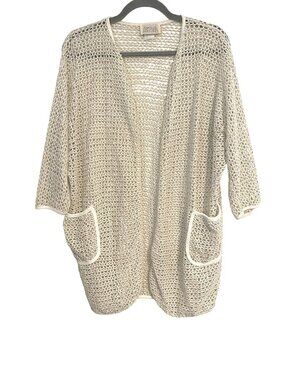 Sand Dollars Women Cream Gold Cardigan Cover Up Pockets Open Knit Summer Casual